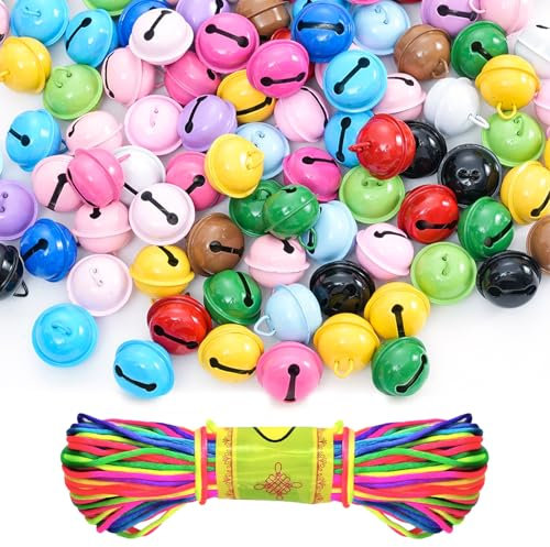 60 Stück Metallglöckchen, 22 mm Glöckchen mit Ösen,mit 20m bunt Seil, Bastelglocken Bells Kleine Glocken Weihnachtsglocken für Festivaldekorationen,Schmuckherstellung, Hundehalsbänder(12 Farben)