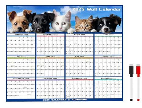 locwanot 2025 Löschbarer Kalender, niedliche Tiere, groß, nass und trocken abwischbar, Monatsplaner mit 2 Stiften, Wand-Monatsplaner, doppelseitig, für Heimbüro, horizontal/vertikal, Blau