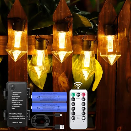 DSLebeen LED Outdoor Lichterkette Außen Batterie Timer 9M 12 Birnen ST64 LEDs USB Aufladbar 5000mAh Batterie Lichterkette für Außen, Weihnachten, Fenster, Treppen, Gärten, Party, Hochzeiten