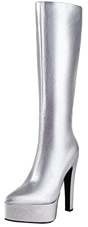 Stivali sopra il ginocchio, da donna, spessi, elasticizzati, sexy, con tacco alto, con tacco alto, in pelle PU, con tacco alto, elegante, argento, 37 EU