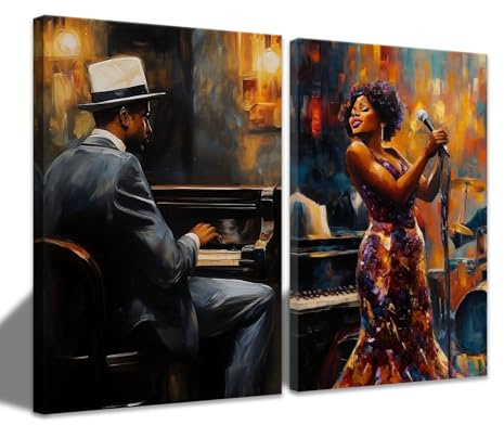 CCWACPP 2 teilige Musik Wanddrucke schwarze Jazz Leinwandbilder afroamerikanische Musikmalerei musikalische Themendekoration für Zimmer Bar Kneipe Heimdekoration gerahmt mit Rahmen (40x60cmx2)