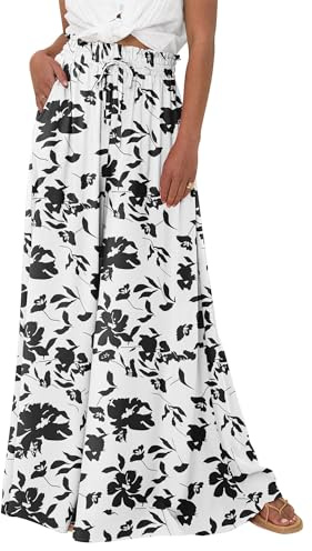 EIRUKON Pantalon Fluide Femme Large Taille Haute Chic et Elegant Pantalon Palazzo avec Poches Décontracté Couleur Unie/Imprimé Bohème Taille Elastique Baggy Pantalons de Plage