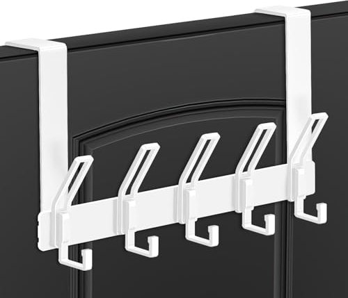 Auskee Over Door Hooks with 5 Sturdy Coat Hooks for Hanging Towels Clothes Robes Bags White Space Saving Hanger Ideal for Bathroom Bedroom Living Room Wardrobe 32cm x 18cm Durable Design, White
