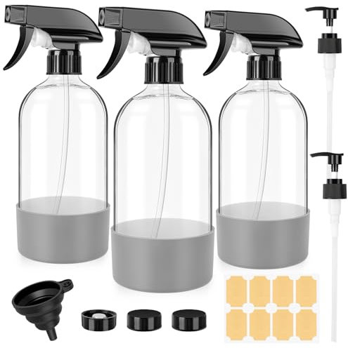 BELICOO 3Pcs Amber Empty Glass Spray Bottles 500ml Glass Spray Bottles for Cleaning, Plants, Essential Oils, Hair Care, Refillable Empty Sprayer with Adjustable Nozzle