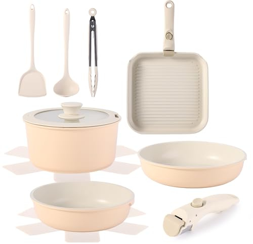 12 PCS Kitchen Cookware Set with Detachable Handle, Pots and Pans Sets Non Stick, Induction Pan Set for RV Cookware,Oven Safe, PFOA Free(Hazelnut)