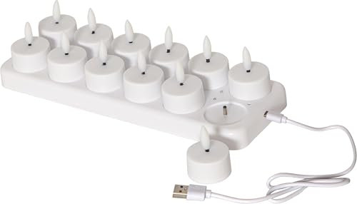 Star Trading Teelicht Set Flamme Charge, 12 Teelichter, weiß, USB Kabel, Ladeplatte, Warmweiß