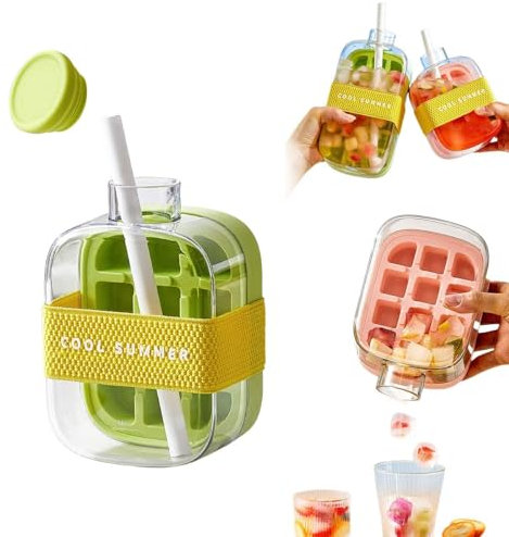 Eiswürfelflasche mit Stroh, 2 in 1 Wasserflasche Eiswürfelform mit Deckel, Push-Typ Eisherstellungsflasche, One-Touch Eisfreisetzung & Keine Berührung, für Kaffee Saft Getränk(Green,500ml)