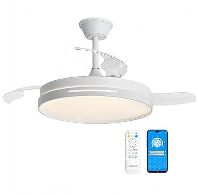Ventilador de Techo con aspas plegables con luz Led 66W, 30W Motor DC+36W Luz 2880LM, Mando a Distancia, 6 velocidades, Silencioso,función verano-invierno, temporizador, Temperatura CCT (Blanco Liso)