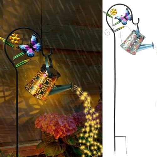 Solar Giesskanne für Außen mit Schäferhaken LED Giesskanne Garten Solar mit Wasserfall Vintage Solarlampen für Außen Garten Höhe 85cm Gartendeko für Hofweg Kneipen Restaurant(1 Stück)