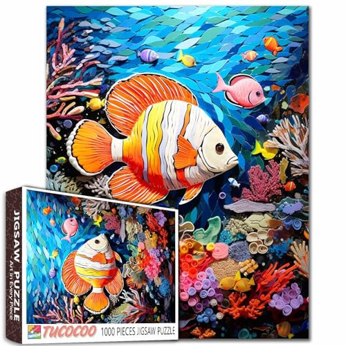 Tucocoo Buntes Unterwasserwelt-Puzzle für Erwachsene, 1000 Teile, lebendiges Korallenriff und tropische Fische, Papierquilling, Ozean-Kunst-Puzzles für Heimdekoration, Stressabbau