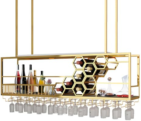 RAJYQODIS Hängendes Weinregal aus Metall, Weinglasregal für die Decke, mit Glashalter und Ablage, 2-lagiger multifunktionaler Weinflaschenhalter, für Bar, Café, Küche (Gold, 140cm)