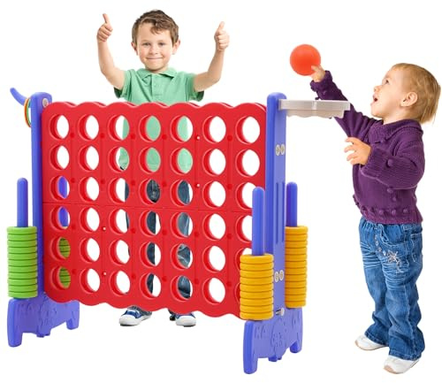 3 in1 Vier in Einer Reihe Spiel,4 Gewinnt Spielbrettsätze mit 42Jumbo Ringen,3 Ringe,1 Basketballspiel,Schieberegler zum schnellen Neustart,Vier-Gewinnt Spiel für Kinder&Erwachsene(Rot Blau)