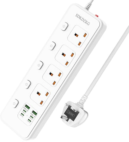 SDKDZKG 3M Extension Lead with 4 USB-C Ports and 2 USB-A Ports, 4 Way Sockets Outlets(13A/3250W) Power Strip with Individual Switches Overload Protection and 3M Extension cord for Home Office(SDK-G62)