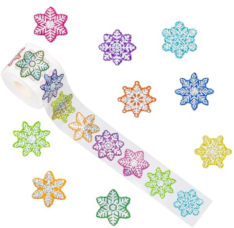 500 Stück Weihnachten Aufkleber Schneeflocken Rund Funkelnde Sticker Weihnachts Selbstklebend Geschenkaufkleber Rolle mit 9 Farben für Etiketten Belohnung Scrapbooking Grußkarten Geschenkverpackung