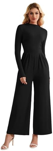 Sukiglam Women's Jumpsuit Elegant Long Sleeve Mock Neck Ladies Ribbed Jumpsuits Slim Fit High Waist Wide Leg Romper with Pockets Casual Playsuit Stretchy Overall Women Spring Autumn Going Out Outfits
