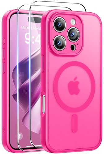 Qasyfanc Coque Magnétique pour iPhone 16 Pro Max avec 2 Verre Trempé | Rose Vif,Compatible avec MagSafe, Anti-Jaune Antichoc Anti-Chute Caméra Protecteur