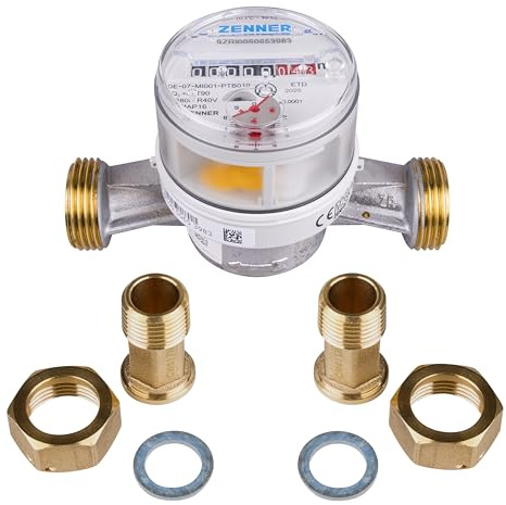 Zenner Compteur d'eau froide + chaude 3/4, longueur 130 mm, gris, avec raccords à vis et joints, calibrage 2026