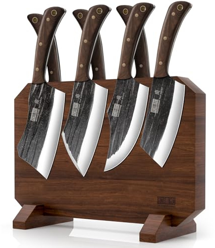 HOSHANHO 8PCS Butcher Kitchen Knife Set, Sharp Magnetic Knife Block Set | Hand Forged High Carbon Stainless Steel Chef Knives Set with Meat Cleaver Knife & Bone Chopper Knives Gift for Men