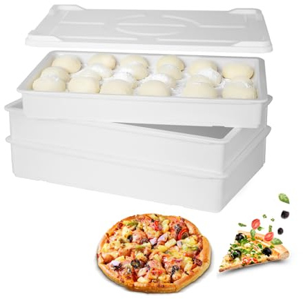 EASYROSE Commercial Pizza Dough Proofing Box Set of 3 with 1 Lid, 60 x 40 x 9.5 cm Stackable Food Grade Dough Trays for Pizza, Bread & Bakery, Heavy Duty Plastic Storage Containers, Dishwasher Safe