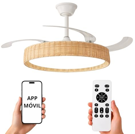 NARVI Ventilador de Techo Mimbre Haya Crema NERJA 7939 WDNL | Ø107 cm, Luz LED Regulable, Motor DC Silencioso de Bajo Consumo, Mando Incluido, 3 Aspas Retráctiles