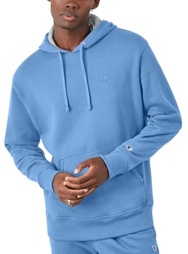 Champion Men's Sweatshirt, Powerblend Hoodie for Men, Iconic 'C' Logo Hoody, Swiss Blue-407d55, S UK