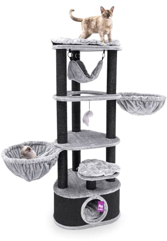 Petrebels Premium Qualität Kratzbaum in Triangelform, Catharina 160 cm, Design Kratzbaum für Grosse Katzen mit XXL Hängematten und Katzenhöhle, Farbe Grau