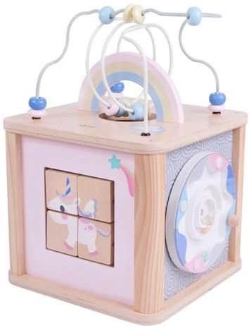 Classic World - Dream Activity Cube, Holz-Aktivitätswürfel, multifunktionales Spielzeug mit Perlenlabyrinth, Pastell-Regenbogen und Einhorn