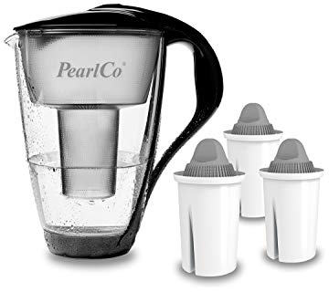 PearlCo Glas-Wasserfilter (schwarz) mit 3 Protect+ Classic Filterkartuschen (f. hartes Wasser) - Made in EU