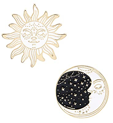 Acxico Lot de 2 broches tendance en émail motif ciel étoilé lune et soleil en émail blanc, Émail