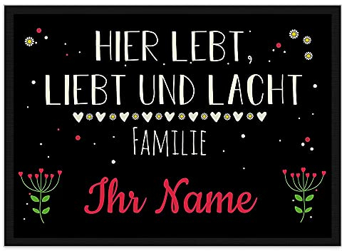 PR Print Royal Fußmatte mit Spruch - Lebt Liebt Lacht - Familie - Selbst Gestalten mit Wunschnamen - Viele weiße Herzen 75 x 50 cm
