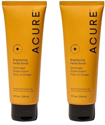 Acure Brightening Facial Scrub Duo Pack - 4 Fl Oz Each - 2 Pack - All Skin Types, Sea Kelp & French Green Clay - Softens, Detoxifies and Cleanses