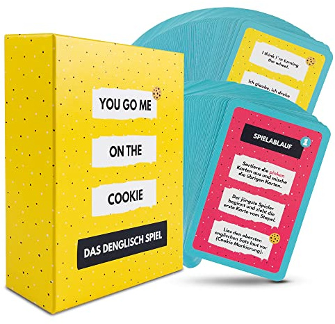 You Go Me On The Cookie - Das vermutlich süßeste Familienspiel aller Zeiten | Denglisch Spiel mit 210 Karten | Kartenspiele für Erwachsene zum Englisch Lernen | Ratespiele | Mit Cookie Rezept