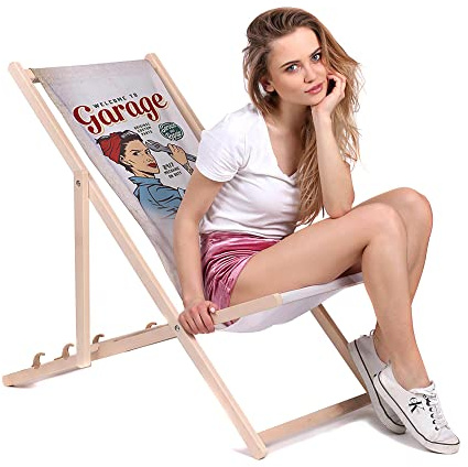DreamRoots Liegestuhl klappbar Buchenholz, Welcome to Garage | Klappliegestuhl Holz, Buchenholz, bis 130 kg, 3-fach verstellbar, waschbarer Polyesterbezug, für Garten & Terrasse