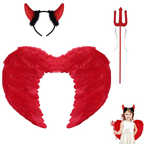 Alas de Ángel y Disfraz de Diablo - Diadema de Cuernos, Tenedor, Plumas - Para Adultos, Carnaval, Mardi Gras, Fiesta Temática