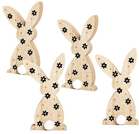 Logbuch-Verlag 4 kleine Hasen Osterhasen Holz 15 cm Deko Ostern Figur Geschenk schwarz-weiß Natur mit Blümchen