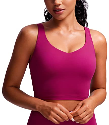 CRZ YOGA Butterluxe Damen V-Ausschnitt Longline Sport-BH - Gepolstert Workout Crop Tank Top mit Eingebautem BH Magenta Violett S