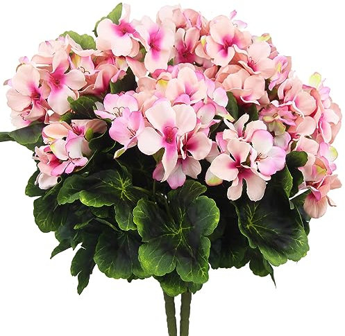 FAICOIA Künstliche Geranien für den Außenbereich, Seide, Geranien, Blumen, lila, rosa, künstliche Geranien, Zweige für Garten, Terrasse, Friedhofsvase, Tischdekoration, Innendekoration, 2 Stück