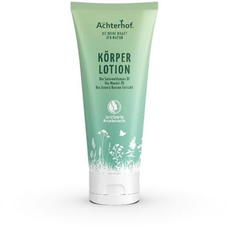 Körperlotion 200ml | mit Bio Sonnenblumenöl, Bio Mandelöl und Bio Aroniabeerenextrakt | zertifizierte Naturkosmetik | für alle Hauttypen geeignet | vom Achterhof