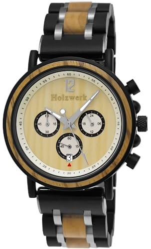 Holzwerk Germany Handgefertigte Designer Herren-Uhr Öko Natur Holz-Uhr Chronograph Armband-Uhr Analog Quarz-Uhr Braun Schwarz Silber Datum Holz