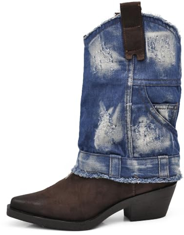 IF Fashion Scarpe Stivali Stivaletti Texani Con Ghette Risvolto Jeans A punta da Donna 6657 brown/blu N.38
