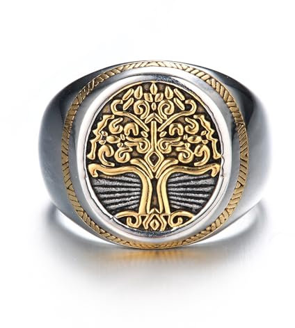 GTHIC Edelstahl Baum des Lebens Wikinger Siegelring für Männer und Frauen Goldton Vintage Weltenbaum Yggdrasil Amulett Ring Rund Unisex Wikinger Schmuck US Größe 13