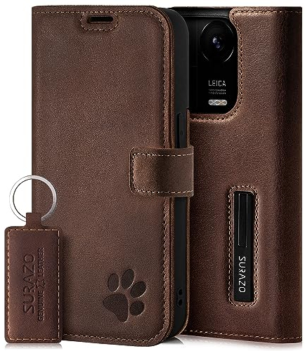 SURAZO Premium Handyhülle für Redmi Note 13 Pro 5G – Echtleder Schutzhülle mit Pfote Motiv – RFID Klapphülle [mit Magnet, Standfunktion, Kartenfach] Cover Hülle Leder Case Lederhülle (Nussbraun)