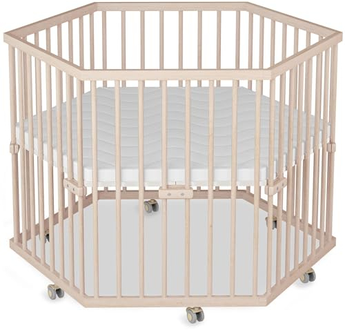 Sämann Laufstall Baby 6-eckig mit Matratze | TÜV geprüft 2024 | stufenlos höhenverstellbar | Laufgitter Premium | Babybett aus Holz | Krabbelgitter natur