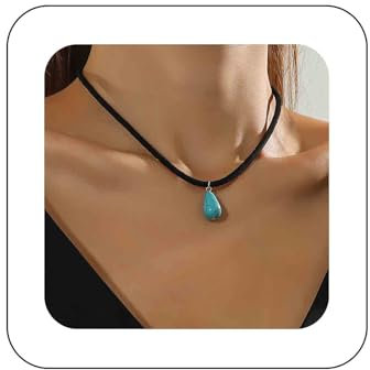 Cimenexe Bohemian Velvet Turquoise Choker Necklace Blue Teardrop Turquoise Pendant Necklace Black Suede Collar Necklace Turquoise Leather Cord Necklace Jewelry for Women