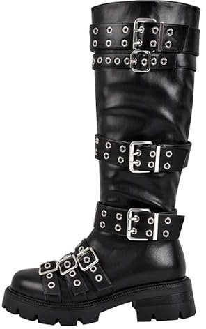MissHeel Damen Punk Kniestiefel Plateau Blockabsatz Stiefel Gothic Schuhe mit Schnalle und Reißverschluss Schwarz 36 EU