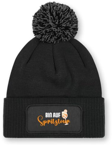 Prozente Momente Bin auf Spritztour – Beanie mit Bommel | Strickmütze | Wollmütze | Beanie mit Druck | lustige Sprüche | Apres-Ski | Winter | Schwarz