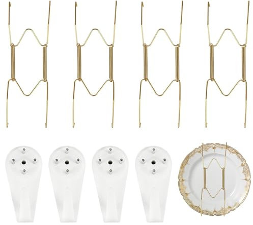 8PCS 8 Inch Gold Plate Hangers - Stainless Steel Decorative and Invisible Hooks for Walls With 4 Wall Hooks - W Shaped Dish Display Holder