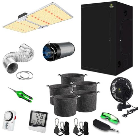 Canna4Home Grow Zelt Komplettset 100 x 100 x 200cm schwarz Anbau Set Gewächshaus mit dimmbarer LED Vollspektrum Grow-Lampe, mit Abluftset, Pflanztöpfe, Clipventilator und Zubehör Homebox Zuchtzelt