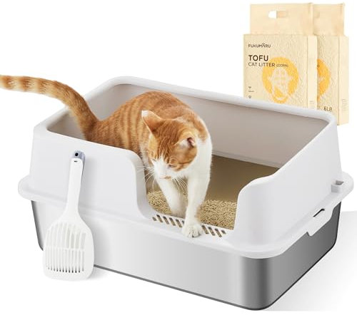FUKUMARU Lettiera per gatti in acciaio inox, con lato alto, in metallo, con due sacchetti, lettiera extra large chiusa con coperchio, per gatti grandi, antiaderente, facile da pulire, XL, include