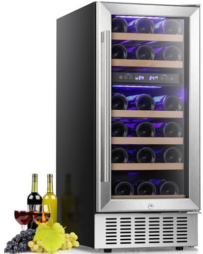 Antarctic Star Refrigerador de vino de 15 pulgadas, 28 botellas, nevera no empotrado de doble zona integrada con puerta de vidrio templado de doble capa de acero inoxidable